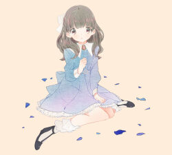 Rule 34 | 1girl, black footwear, blue dress, bow, brooch, brown eyes, brown hair, collared shirt, dress, frilled dress, frills, jewelry, long hair, looking at viewer, parted lips, pop&#039;n music, sanae-chan, sgwyi, shirt, shoes, sitting, socks, solo, wariza, white bow, white socks