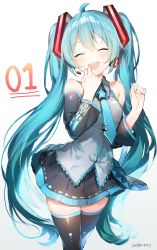 Rule 34 | 1girl, :d, ^ ^, absurdres, aqua hair, black skirt, black thighhighs, blush, closed eyes, dated, detached sleeves, closed eyes, hands up, hatsune miku, highres, long hair, open mouth, simple background, skirt, smile, solo, thighhighs, twintails, umibouzu (niito), very long hair, vocaloid, white background, zettai ryouiki
