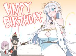 Rule 34 | 1boy, 2girls, :d, :o, akitokage, alternate breast size, anastasia (fate), bare shoulders, black hair, black shirt, blue eyes, blush, breasts, cake, cleavage, cleavage cutout, closed eyes, clothing cutout, collarbone, commentary request, doll, dress, fate/grand order, fate (series), food, fujimaru ritsuka (male), fujimaru ritsuka (male) (polar chaldea uniform), glasses, gradient background, groucho glasses, hair over one eye, hairband, hand on own chin, hand up, happy birthday, hat, highres, holding, huge breasts, jacket, jewelry, large breasts, long hair, mash kyrielight, multiple girls, necklace, necktie, object on head, open mouth, party hat, party popper, red neckwear, shirt, short hair, silver hair, smile, spiked hair, very long hair, white dress