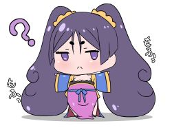 Rule 34 | 1girl, :&lt;, ?, alternate hairstyle, blush, chibi, closed mouth, commentary request, cosplay, detached sleeves, fate/grand order, fate (series), hair between eyes, highres, japanese clothes, jitome, kimono, long hair, minamoto no raikou (fate), outstretched arms, pelvic curtain, purple eyes, purple hair, rei (rei rr), simple background, solo, spread arms, standing, twintails, very long hair, white background, wu zetian (fate), wu zetian (fate) (cosplay), wu zetian (first ascension) (fate)