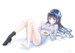 Rule 34 | 1girl, absurdres, aoi nabi, barefoot, black footwear, blue eyes, blue nails, bow, bow earrings, breasts, cleavage, cleavage cutout, clothing cutout, crumbs, earrings, food, hair behind ear, high heels, highres, holding, holding plate, holding spoon, indie virtual youtuber, jewelry, looking down, medium breasts, miksin, nail polish, open mouth, plate, pudding, sitting, solo, spoon, thigh strap, twitter username, virtual youtuber