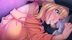 Rule 34 | 1girl, armpits, blue eyes, blush, breasts, censored, cheek bulge, crossed bangs, cum, cum in mouth, cum in nose, earrings, embarrassed, erocas! ~papakatsu gyaru no wana~, fellatio, fujimiya haruka, game cg, groin, hands on another&#039;s head, highres, jewelry, large breasts, legs, mosaic censoring, multicolored hair, off shoulder, oral, original, penis, side ponytail, simple background, snot, standing, tears, thighs, two-tone hair, yoshino keiko, zipper