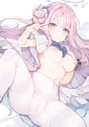 Rule 34 | 1girl, absurdres, blue archive, breasts, cameltoe, cleft of venus, commentary request, feathered wings, hair bun, halo, heart, heart-shaped pupils, highres, large breasts, long hair, looking at viewer, mika (blue archive), nipples, open mouth, pantyhose, pink hair, single side bun, solo, spread legs, symbol-shaped pupils, teranekosu, thighband pantyhose, w, white pantyhose, white wings, wings