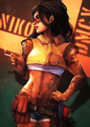 Rule 34 | 1girl, absurdres, arm tattoo, belt, belt pouch, black hair, black nails, braid, breasts, brown-framed eyewear, capcom, character name, cigarette, commentary, copyright name, cowboy shot, crop top, devil may cry (series), devil may cry 5, english commentary, eyelashes, finger tattoo, freckles, french braid, glasses, hair pulled back, heart, heart tattoo, highres, lips, long hair, medium breasts, midriff, monori rogue, nail polish, navel, nico (devil may cry), nose, pouch, shorts, shoulder tattoo, smoking, solo, tattoo, thick eyebrows, toned, tool belt, tools