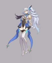 Rule 34 | 1girl, absurdres, amputee, blue eyes, boots, commission, corruption, covered navel, full body, grey background, grey hair, high heels, highres, long hair, looking at viewer, magical girl, one eye closed, original, ponytail, shen hai ichigo, solo, standing, tachi-e, tentacles, thigh boots, very long hair