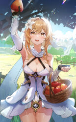 Rule 34 | 1girl, absurdres, apple, arm up, armpits, bare shoulders, basket, black gloves, blonde hair, blush, breasts, cleavage, cowboy shot, day, detached sleeves, dress, flower, food, fruit, fruit basket, genshin impact, gloves, hair flower, hair ornament, highres, holding, holding basket, holding food, lily (flower), looking at viewer, lumine (genshin impact), medium breasts, mimihachi, open mouth, outdoors, partially fingerless gloves, red apple, scarf, sleeveless, sleeveless dress, smile, solo, thigh gap, thighs, tree, white dress, white flower, white scarf, wrist guards, yellow eyes