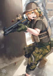 Rule 34 | 1girl, benelli m4 super 90, blonde hair, brown hat, brown shirt, camouflage, camouflage pants, chest rig, commission, dated, gloves, green eyes, green gloves, gun, hat, headset, highres, hiroki ree, military, military hat, military uniform, optical sight, original, pants, shirt, short sleeves, shotgun, shotgun shell, solo, uniform, weapon