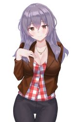 Rule 34 | 1girl, absurdres, black pants, breasts, brown eyes, brown jacket, buttons, cleavage, cowboy shot, dress shirt, grey hair, hand up, highres, hiiragi shinoa, jacket, jewelry, kano (wi3028), large breasts, long hair, long sleeves, looking at viewer, necklace, open clothes, open jacket, owari no seraph, pants, shirt, simple background, smile, solo, standing, thigh gap, white background