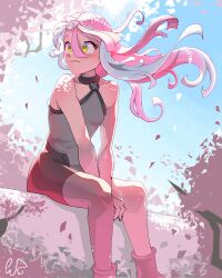 Rule 34 | 1girl, absurdres, bare shoulders, blue hair, blue sky, bodysuit, boots, bow-shaped hair, cherry blossoms, closed mouth, commentary, creatures (company), exceedxatu, eyelashes, falling petals, frown, game freak, grey bodysuit, highres, iono (pokemon), long hair, multicolored hair, nintendo, outdoors, petals, pink hair, pokemon, pokemon sv, signature, sitting, sky, solo, split-color hair, two-tone hair, yellow eyes