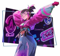 Rule 34 | 1girl, ^ ^, animification, apex legends, black hair, blue pants, breasts, closed eyes, colored tips, fluorescent tech valkyrie, highres, jacket, medium breasts, multicolored hair, navel, official alternate costume, pants, pink hair, pink jacket, ponytail, purple hair, solo, streaked hair, stretching, thundergotch, valkyrie (apex legends)