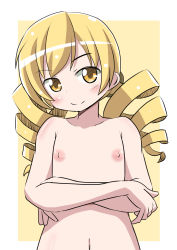 Rule 34 | 10s, 1girl, alternate breast size, bad id, bad pixiv id, blonde hair, blush, drill hair, flat chest, head tilt, looking at viewer, mahou shoujo madoka magica, mahou shoujo madoka magica (anime), naruse mai, navel, nipples, nude, smile, solo, tomoe mami, twin drills, twintails, upper body