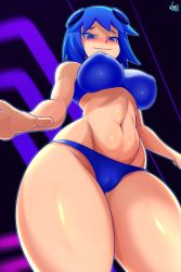 Rule 34 | 1girl, :3, absurdres, bare shoulders, blinky, blinky (pac-man), blue bra, blue hair, blue panties, blush, bra, breasts, cameltoe, cleft of venus, cowboy shot, highres, jmg, large breasts, looking at viewer, navel, pac-man (game), panties, personification, puffy nipples, short hair, smile, solo, thick thighs, thighs, underwear, underwear only, wide hips