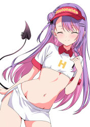 1girl absurdres breasts closed_eyes cropped_shirt demon_girl demon_tail hair_bun hat highres hololive kishishi_(kishiman-ya) long_hair mcdonald&#039;s midriff miniskirt navel purple_hair red_hat shirt simple_background skirt small_breasts solo tail tokoyami_towa underboob virtual_youtuber white_background white_shirt white_skirt