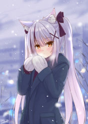 Rule 34 | 1girl, animal ear fluff, animal ears, black bow, blue coat, blush, bow, brown eyes, cat ears, cat girl, coat, cold, cowboy shot, hair bow, hair ornament, hair over shoulder, hairclip, hands up, long hair, looking at hands, m ko (maxft2), mittens, original, signature, silver hair, snow, solo, twintails, very long hair, white mittens, winter, winter clothes