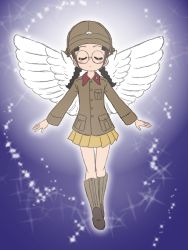 Rule 34 | 1girl, angel wings, black hair, blush stickers, boots, braid, brown footwear, brown headwear, brown jacket, chi-hatan military uniform, closed mouth, commentary request, closed eyes, facing viewer, floating, fukuda haru, full body, girls und panzer, glasses, helmet, jacket, knee boots, light frown, long hair, long sleeves, military, military uniform, miniskirt, pleated skirt, rimless eyewear, round eyewear, skirt, solo, sparkle, takahashi kurage, twin braids, twintails, uniform, white wings, wings, yellow skirt
