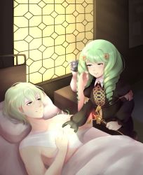 Rule 34 | bandages, byleth (fire emblem), byleth (male) (fire emblem), chanpotei, fire emblem, fire emblem: three houses, flayn (fire emblem), green eyes, green hair, hand on another&#039;s chest, hand on chest, healing, highres, nintendo, smile, staff