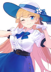Rule 34 | 1girl, blonde hair, blue eyes, blue skirt, blush, borrowed character, breasts, coffeekite, hat, highres, large breasts, lina (michihasu), long hair, looking at viewer, one eye closed, original, skirt, smile, solo, sun hat, white background, white hat