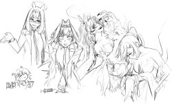 Rule 34 | 4girls, 6+girls, antlers, bespectacled, blunt bangs, branch, ceres fauna, chain, eus ing, formal, glasses, hair intakes, hair ornament, halo, highres, holding, holding notepad, hololive, hololive english, horns, long hair, monochrome, monster girl, multiple girls, nanashi mumei, necktie, ninomae ina&#039;nis, notepad, ouro kronii, pointy ears, short hair, sidelocks, suit, syringe, talons, tentacle hair, very long hair, virtual youtuber, wings