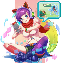 Rule 34 | 1990s (style), 1girl, ahri (league of legends), alternate costume, alternate hair color, animal ears, arcade ahri, asymmetrical legwear, bare shoulders, blue eyes, blush, bracelet, breasts, chan qi (fireworkhouse), cleavage, creatures (company), detached sleeves, fake screenshot, fox ears, fox tail, game boy, game boy (original), game freak, handheld game console, hat, headphones, highres, jewelry, korean clothes, large breasts, league of legends, long hair, midriff, mole, mole under eye, multiple tails, navel, nintendo, open mouth, pixelated, pokemon, pokemon rgby, purple hair, red scarf, retro artstyle, riot games, scarf, short hair, solo, tail, teemo, thighhighs, tongue, tongue out, uneven legwear