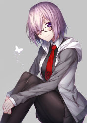 Rule 34 | 1girl, black pantyhose, breasts, bug, butterfly, fate/grand order, fate (series), glasses, grey background, hair over one eye, highres, hood, hoodie, insect, knees to chest, luzi, mash kyrielight, necktie, pantyhose, purple eyes, purple hair, red necktie, short hair, smile, solo
