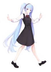Rule 34 | 1girl, absurdres, black dress, black footwear, blue eyes, blue hair, blue nails, commentary, dress, full body, hairband, hatsune miku, highres, light blue hair, long hair, long sleeves, looking at viewer, mary janes, nail polish, outstretched arms, school uniform, shirt, shoes, smile, socks, solo, twintails, very long hair, vocaloid, white shirt, yuzuaji