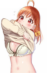 Rule 34 | 10s, 1girl, :o, ahoge, arms up, black bow, blush, bow, bow bra, bra, braid, breasts, cleavage, clothes lift, eyebrows, flying sweatdrops, hair bow, hair ornament, lifted by self, long sleeves, love live!, love live! sunshine!!, medium breasts, mizukoshi (marumi), navel, orange hair, red eyes, side braid, simple background, single braid, solo, stomach, sweater, sweater lift, takami chika, underwear, undressing, upper body, white background, white bra, yellow bow