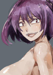 Rule 34 | 1girl, :d, armpit crease, armpits, blush, bob cut, breasts, copyright request, eyelashes, fangs, from side, large breasts, looking at viewer, looking to the side, nude, open mouth, purple eyes, purple hair, sagging breasts, shiny skin, short hair, slit pupils, smile, solo, upper body, yohane