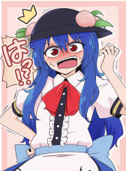 Rule 34 | !?, 1girl, back bow, black headwear, blue hair, blush, bow, buttons, center frills, collared dress, commentary request, dress, embarrassed, eyelashes, frills, fruit hat ornament, hand on own hip, hinanawi tenshi, leaf, long hair, looking at viewer, open mouth, peach hat ornament, puffy short sleeves, puffy sleeves, red neckwear, red ribbon, ribbon, shio (futatsumami), shirt, short sleeves, sidelocks, simple background, solo, standing, sweat, sweatdrop, teeth, tongue, touhou, translation request, upper body, upper teeth only, v-shaped eyebrows, white dress, white shirt, wing collar