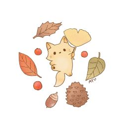 Rule 34 | ayu (mog), blush, fox, ginkgo leaf, highres, holding, leaf, looking at viewer, no humans, original, signature, simple background, smile, white background