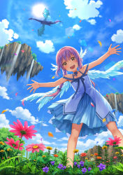 Rule 34 | 1girl, :d, absurdres, angel wings, braid, brown eyes, cloud, day, dragon, dress, feather hair ornament, floating island, flower, hair ornament, halterneck, highres, hirose yuki, long hair, open mouth, original, outdoors, outstretched arms, petals, pink hair, purple hair, smile, solo, standing, sunlight, water, waterfall, white wings, wings