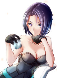 Rule 34 | 1girl, bad id, bad pixiv id, bare arms, bare shoulders, black gloves, breasts, clear glass (mildmild1311), cleavage, collarbone, commentary request, cup, drinking glass, fire emblem, fire emblem: three houses, forehead, gloves, hands up, highres, holding, holding cup, medium breasts, nintendo, partial commentary, purple eyes, purple hair, shamir nevrand, short hair, simple background, solo, strapless, tube top, upper body, white background