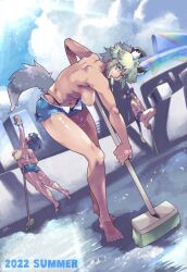 Rule 34 | 3girls, african wild dog (kemono friends), alternate hair color, animal ear fluff, animal ears, arm up, armpits, back, balancing, barefoot, bear ears, bear tail, bent over, bikini, bikini bottom only, bikini under clothes, black hair, blue shorts, bottle, breasts, broom, brown bear (kemono friends), colored eyelashes, contemporary, day, den (zeroshiki), dog ears, dog girl, dog tail, dutch angle, elbow gloves, empty pool, extra ears, eyelashes, food, food in mouth, gloves, golden snub-nosed monkey (kemono friends), green hair, grey hair, hanging breasts, high ponytail, highres, holding, holding bottle, holding broom, hot, kemono friends, large breasts, leaning back, long hair, looking at viewer, looking up, medium breasts, medium hair, monkey ears, monkey tail, mouth hold, multicolored hair, multiple girls, navel, nipples, open clothes, open fly, open shorts, outdoors, outstretched arm, pool, popsicle, popsicle in mouth, shorts, shoulder blades, sky, squatting, standing, starting block, stomach, summer, sun, sunlight, sweat, swimsuit, tail, tiptoes, toes, topless, twisted torso, two-tone hair, very long hair, walking, wet, white hair