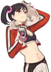 Rule 34 | 1girl, arm up, black gloves, black hair, black pants, breasts, brown eyes, cleavage, closed mouth, commentary, cropped jacket, donima (donutsinmanila), english commentary, fingerless gloves, gloves, hand up, highres, jacket, ling xiaoyu, navel, open clothes, open jacket, pants, red jacket, side ponytail, simple background, small breasts, smile, solo, stomach, tekken, tekken 4, towel, towel around neck, white background