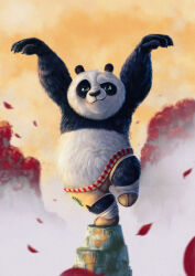 Rule 34 | 1boy, animal, arms up, claws, closed mouth, dreamworks, fat, fat man, furry, furry male, green eyes, highres, kung fu panda, leaf, looking at viewer, mountain, orange sky, panda, patch, po (kung fu panda), shorts, sky, smile, standing, standing on one leg, thebrstory, two-tone fur