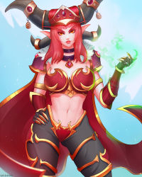 Rule 34 | 1girl, alexstrasza, breasts, highres, horns, large breasts, midriff, navel, red hair, solo