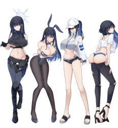 Rule 34 | 1girl, absurdres, alternate costume, angry, animal ears, arms under breasts, ass, baseball cap, belt, black hair, blue archive, blue bow, blue bowtie, blue hair, blue nails, blue panties, bow, bowtie, breasts, clenched teeth, colored inner hair, crop top, crop top overhang, detached collar, embarrassed, grey eyes, halo, hat, high heels, highres, holster, knife, large breasts, leotard, long hair, multicolored hair, multiple views, navel, panties, pantyhose, playboy bunny, rabbit ears, rabbit tail, sandals, saori (blue archive), short shorts, shorts, stomach, tail, teeth, thigh holster, two-tone hair, underwear, v-shaped eyebrows, yoru0409