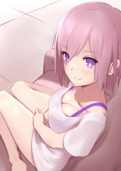 Rule 34 | 1girl, bad id, bad pixiv id, bare legs, blush, breasts, cleavage, closed mouth, collarbone, commentary request, couch, eyes visible through hair, fate/grand order, fate (series), hair over one eye, highres, indoors, jilu, looking at viewer, looking to the side, mash kyrielight, medium breasts, on couch, pink hair, purple eyes, shirt, short sleeves, sitting, smile, solo, white shirt