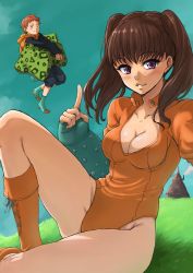 Rule 34 | 10s, 1boy, 1girl, bad id, bad pixiv id, black hair, blush, boots, breasts, brown eyes, brown hair, cleavage, closed mouth, collarbone, cross-laced footwear, day, diane (nanatsu no taizai), elbow gloves, eyebrows, fingerless gloves, floating, flying, from side, full body, giant, giantess, gloves, grass, grin, groin, hand up, high collar, highleg, highleg leotard, holding, holding pillow, hood, hood down, hoodie, index finger raised, isshi pyuma, king (nanatsu no taizai), knee boots, knee up, lace-up boots, leaning back, leotard, light smile, long hair, long legs, looking at viewer, medium breasts, nanatsu no taizai, hugging object, on ground, outdoors, parted lips, pillow, pillow hug, purple eyes, short hair, short sleeves, sitting, size difference, sky, smile, smoke, thighs, twintails, unbuttoned, v arms