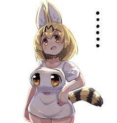 Rule 34 | ..., 1girl, :d, alternate costume, animal ear fluff, animal ears, bad id, bad pixiv id, blonde hair, blush, breasts, brown eyes, collarbone, cowboy shot, hair between eyes, hand on own hip, head tilt, kemono friends, large breasts, open mouth, print shirt, serval (kemono friends), serval tail, shirt, short sleeves, simple background, smile, solo, striped tail, tail, u-non (annon&#039;an), white background, white shirt