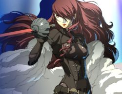 Rule 34 | 1girl, atlus, bodysuit, epee, framed breasts, hair over one eye, kirijou mitsuru, lipstick, long hair, lowres, makeup, official art, aged up, persona, persona 3, persona 4: the ultimate in mayonaka arena, rapier, red eyes, red hair, soejima shigenori, solo, sword, weapon