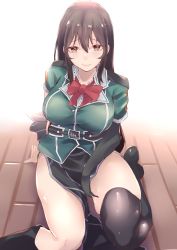Rule 34 | 1girl, belt, black gloves, black thighhighs, blush, bow, bowtie, breasts, brown eyes, brown hair, chikuma (kancolle), elbow gloves, endou (zettai bluenoid), gloves, hair between eyes, highres, kantai collection, large breasts, long hair, looking at viewer, pelvic curtain, red bow, red bowtie, short sleeves, side slit, sidelocks, single elbow glove, single thighhigh, sitting, skindentation, skirt, smile, solo, thighhighs, thighs