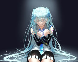 Rule 34 | 1girl, absurdres, aqua hair, bare shoulders, black skirt, blue necktie, closed eyes, clutching chest, collared shirt, colored eyelashes, crying, dark background, darkness, detached sleeves, dot nose, eyelashes, facing viewer, fingernails, flying teardrops, frilled shirt, frills, glowing, glowing heart, grey shirt, hands on own chest, hands up, happy, happy tears, hatsune miku, heart, highres, jitome, light particles, long hair, necktie, nemuke2828, number tattoo, on floor, open mouth, pleated skirt, shirt, shoulder tattoo, sitting, skirt, sleeveless, sleeveless shirt, smile, solo, spotlight, straight hair, streaming tears, tattoo, tears, thighs, twintails, unknown mother goose (vocaloid), very long hair, vocaloid