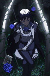 Rule 34 | 1girl, ado (utaite), black bow, black bowtie, black coat, black hair, black pants, blue eyes, blue flower, blue rose, bow, bowtie, chando (ado), closed mouth, cloud nine inc, coat, coat on shoulders, collared shirt, crossed legs, empty picture frame, feet out of frame, flower, gloves, highres, holding, holding microphone, kaze (user znss3874), long hair, long sleeves, microphone, night, on chair, overgrown, pants, photo (object), picture frame, plant, revision, rose, shirt, sitting, smile, solo, spotlight, v, vines, white gloves, white shirt, wish (ado)