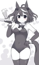 Rule 34 | 1girl, ahoge, alternate costume, animal ears, black gloves, black leotard, black thighhighs, bow, bowtie, breasts, cleavage, closed mouth, covered navel, detached collar, elbow gloves, frilled gloves, frills, glass, gloves, greyscale, hair between eyes, hair bow, hand on own hip, heart, highres, holding, holding tray, horse ears, horse girl, horse tail, kitasan black (umamusume), leotard, light blush, looking at viewer, medium breasts, monochrome, multicolored hair, multiple hair bows, short hair, simoyuki, smile, solo, spilling, streaked hair, tail, thighhighs, tray, umamusume, wrist cuffs
