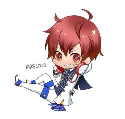 Rule 34 | 1boy, ahoge, arsloid, bandaid, bandaid on face, character name, chibi, full body, grin, headphones, headphones around neck, heart, heart-shaped pupils, male focus, nyaashan, red eyes, red hair, school uniform, simple background, smile, solo, symbol-shaped pupils, vocaloid, white background