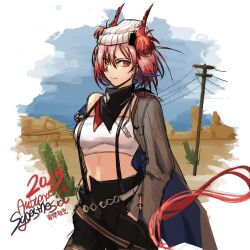 Rule 34 | 1girl, arknights, bandana, black pants, blue sky, coat, commentary request, cowboy shot, fiammetta (arknights), grey coat, hand in pocket, highres, looking at viewer, midriff, navel, off shoulder, open clothes, open coat, outdoors, pants, pointy hair, power lines, red eyes, red hair, short hair, single bare shoulder, sky, solo, standing, stomach, strapless, suspenders, tube top, white headwear, yuec202108