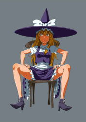 Rule 34 | 1girl, blonde hair, bow, braid, chair, closed mouth, face, frown, grey background, hair between eyes, hair bow, hair ribbon, hands on own thighs, hat, high heels, highres, huge bow, jumpaoki, kirisame marisa, large hat, long hair, pointy footwear, puffy short sleeves, puffy sleeves, purple hat, purple skirt, raised eyebrows, ribbon, shaded face, shirt, shoes, short sleeves, simple background, single braid, sitting, skirt, solo, spread legs, thighs, touhou, tress ribbon, turtleneck, white bow, white ribbon, white shirt, white skirt, witch hat, wooden chair, yellow eyes, zipper, zipper footwear