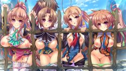 Rule 34 | 1boy, 4girls, bachou, batai, blush, breasts, breasts out, brown hair, character request, clothed sex, cloud, cum, cum in pussy, cumdrip, exhibitionism, game cg, harem, hikage eiji, hongou kazuto, katagiri hinata, koihime musou, large breasts, legs, long hair, looking at viewer, multiple girls, nipples, panties, panty pull, pink eyes, ponytail, public indecency, sex, sky, small breasts, smile, thighs, underwear, vaginal