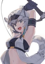 Rule 34 | 1girl, animal ears, arknights, armband, armpits, arms up, bandeau, black bandeau, cabbie hat, checkered clothes, checkered headwear, cliffheart (arknights), fang, grey eyes, grey hair, hat, infection monitor (arknights), kegani (kegani01), leopard ears, leopard girl, leopard tail, looking at viewer, midriff, navel, open mouth, short hair, simple background, sleeveless duster, smile, solo, tail, white background