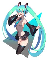 Rule 34 | 1girl, adapted costume, bare shoulders, blue eyes, blue hair, blue necktie, breasts, commentary, cowboy shot, cropped legs, detached sleeves, grey leotard, hair ornament, hand on headphones, hatsune miku, headphones, headset, impossible clothes, leotard, light blue hair, long hair, necktie, open clothes, open skirt, skin tight, skirt, small breasts, solo, twintails, ukimukai, very long hair, vocaloid